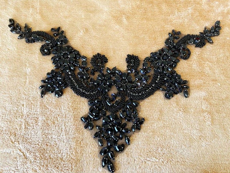 wtbvn Handmade Rhinestones lace Applique handsewing Beads Trim Patches Neckline for Dress Clothes Accessory (Black) - Image 2